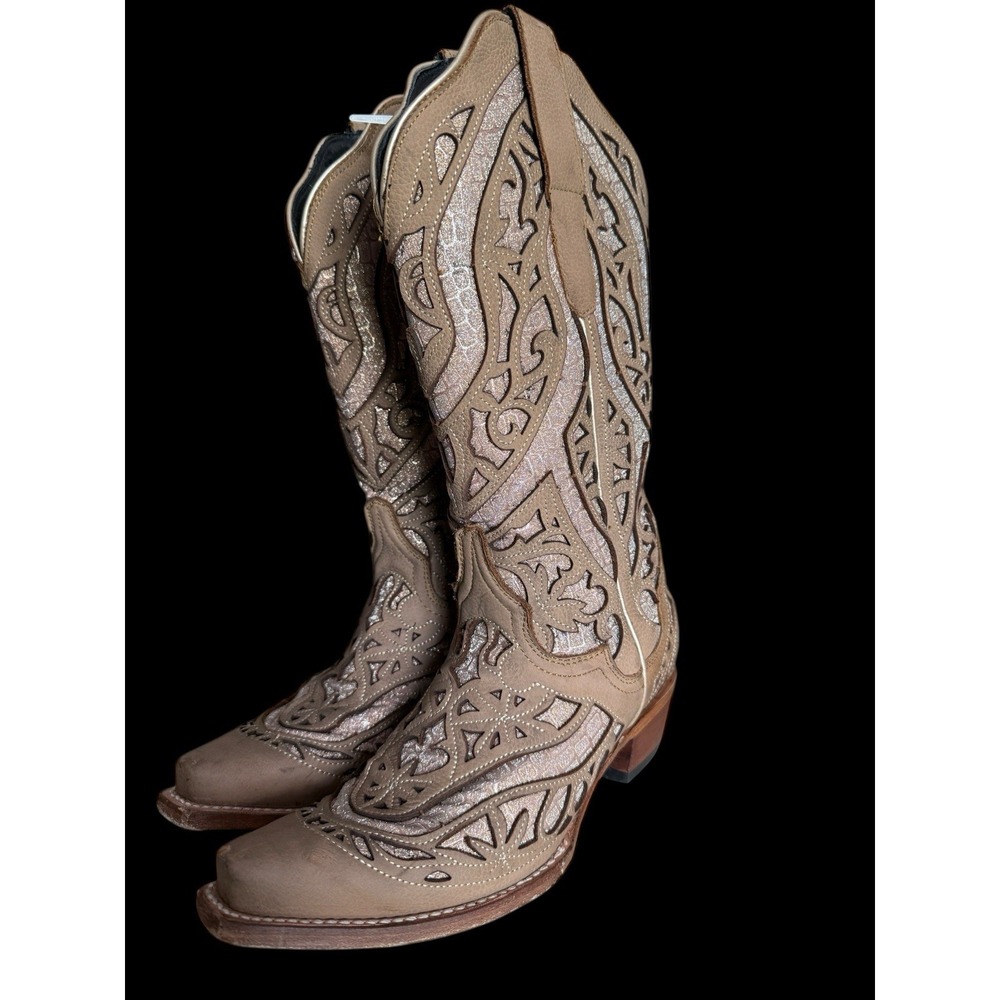 VTG JB DILLON WOMEN BOOTS 7 B COWBOY SPARKLE CROC‎ INLAY SNIP TOE TAN BROWN
